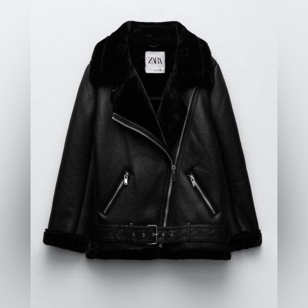 Zara Black Leather Aviator Jacket with Shearling Collar